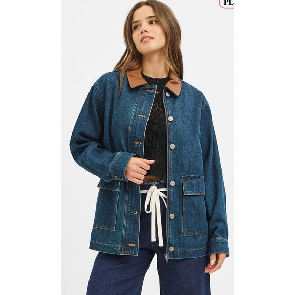 Risen Womens Size Large Barn Coat Denim Dark Jacket  Zipper Button Up NEW - Picture 1 of 6